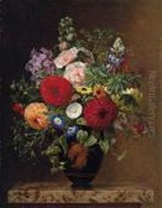 Convulvulus, Dahlias, Lupins And Stocks In A Greek Vase by Johan Laurentz Jensen