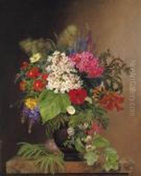 Convulvulus, Lupins, Speedwell And Fuschia In A Vase - view 1
