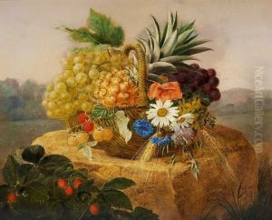 A Basket With Grapes, Pineapple And Wild Flowers On A Rock