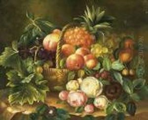 Uppiges Fruchte- Und
Blumenstillleben In Einem Weidenkorb Mit Pfirsichen, Trauben, Ananas,
Erdbeeren Und Rosen. by Johan Laurentz Jensen