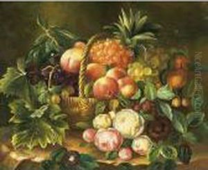 Uppiges Fruchte- Und 
Blumenstillleben In Einem Weidenkorbmit Pfirsichen, Trauben, Ananas, 
Erdbeeren Und Rosen