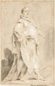 Homme debout vetu d'un manteau, le bras gauche tendu, l'autre pose sur la hanche et vu de trois-quarts vers la droite