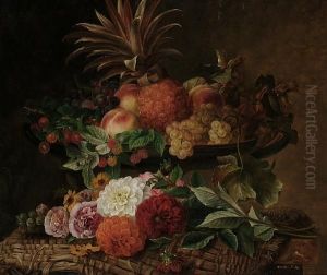 Impressive Still Life Of A 
Pineapple, Other Fruits And Flowers Displayed On A Woven Cloth On A 
Ledge by Johan Laurentz Jensen