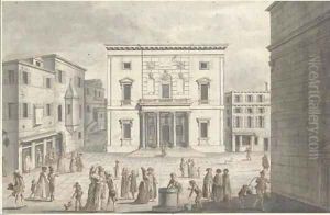 The Fenice Theater, Venice, with figures in the foreground by Pietro Antonio Novelli