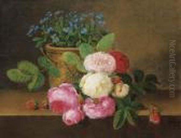 Potted Forget-me-nots, With Red, Pink And White Roses On A Ledge - view 1