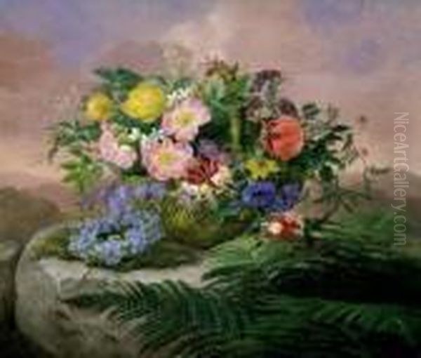 Stilleben. Auf Einem Steintisch Ein Mit Blumen Gefullter Korb. Im Hintergrund Berge. - view 1
