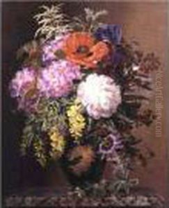 Red, Pink And White Roses And
Orange, Yellow And Pink Primroses In An Etruscan Vase On A Marble Base by Johan Laurentz Jensen