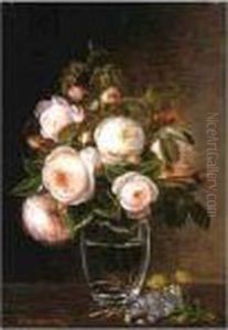 Roses In A Glass Vase With 
Yellow Buttercups, Forget-me-nots And Chickweed On A Marble Ledge by Johan Laurentz Jensen