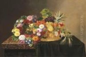 A Wreath Of Roses, Lilies And Peonies And Other Flowers by Johan Laurentz Jensen