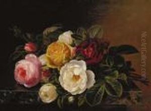 Yellow, Red, Pink And White Roses On A Marble Ledge by Johan Laurentz Jensen