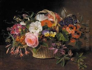 Pansies, Fuschias, Convolvulus, And A Rose And Other Flowers In A Wicker Basket