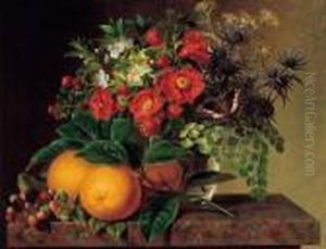 Thistle, Echinops, Myrtle In A
Glass Vase With Oranges, Blackberries And A Butterfly On A Brown Marble
Ledge by Johan Laurentz Jensen