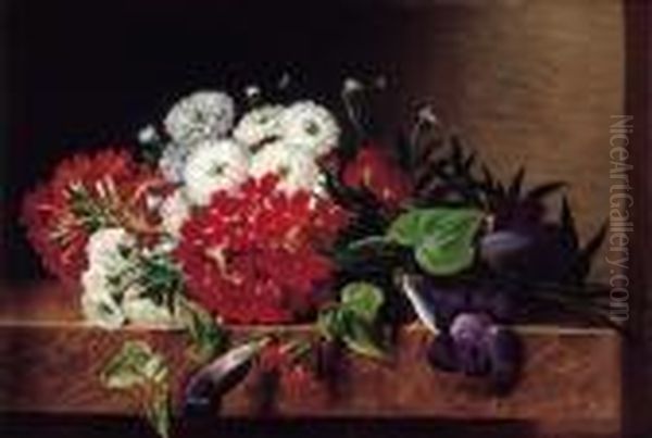 Iris, Dahlia, Pelargonium And Ivy Leaves On A Brown Marble Ledge - view 1