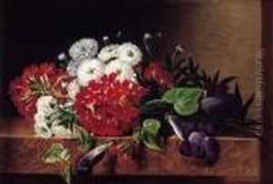 Iris, Dahlia, Pelargonium And Ivy Leaves On A Brown Marble Ledge