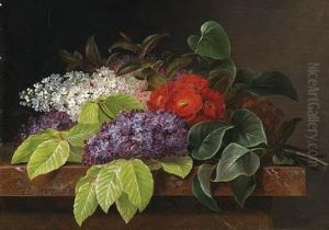 Grapes, Strawberries, A Peach, 
Hazelnuts And Berries In A Bowl On Amarble Ledge; And White And Purple 
Lilacs, Camellia And Beechleaves On A Marble Ledge.
