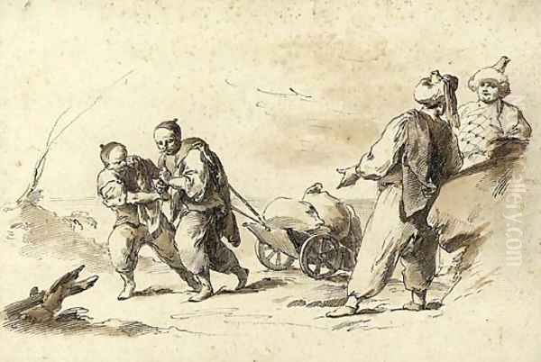 Four orientals, two pulling a cart - view 1