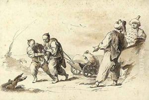 Four orientals, two pulling a cart