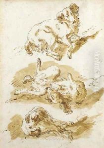 Three studies of a dog frolicking by Pietro Antonio Novelli