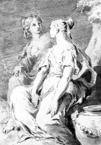 Two girls seated by an urn