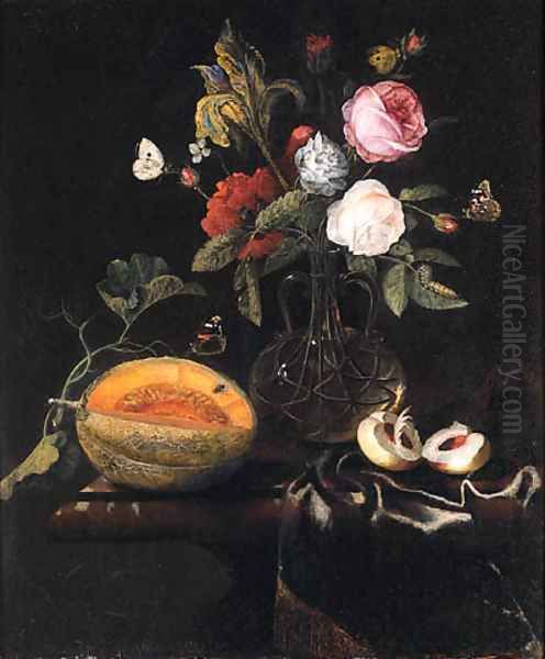 Roses, an iris and other flowers in a glass vase, a melon and a peach with butterflies on a draped marble table - view 1