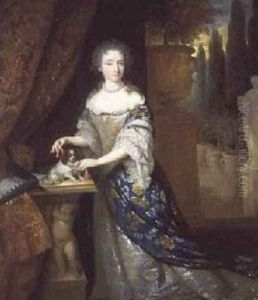 A Portrait of a lady with a Lapdog Seated on a Plinth 1690 by Constantin Netscher
