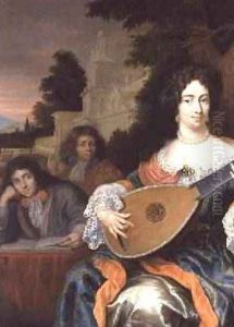 A Woman playing a Lute with her two sons behind her