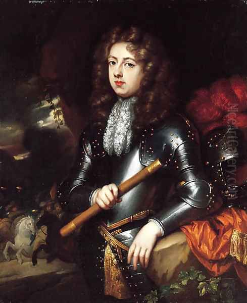 Portrait of a military Commander, three-quarter-length, in armour, holding a baton, his plumed helmet on a rock nearby, a cavalry battle beyond - view 1