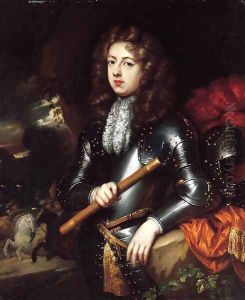 Portrait of a military Commander, three-quarter-length, in armour, holding a baton, his plumed helmet on a rock nearby, a cavalry battle beyond by Constantin Netscher