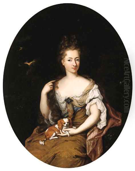 Portrait of a noblewoman, seated small three quarter length in a landscape, wearing a blue lined, ochre silk dress with lace chemise - view 1