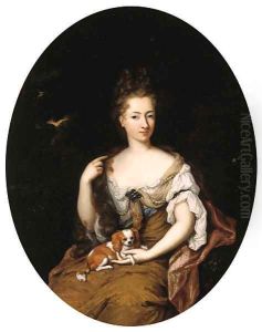 Portrait of a noblewoman, seated small three quarter length in a landscape, wearing a blue lined, ochre silk dress with lace chemise