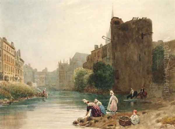 Women washing clothes in a French town river - view 1