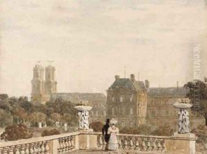 An elegant couple promenading in the Jardin du Luxembourg, Paris An elegant couple promenading in the Jardin du Luxembourg, Paris
