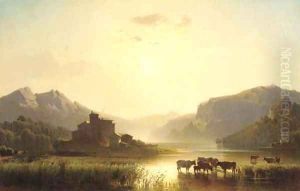 Cattle watering in a continental landscape by Alfred Nichols