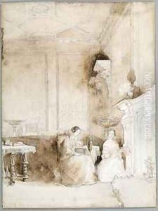 Florence Nightingale and Marianne Nicholson in the Drawing Room at Embley 1830 by Parthenope Nightingale (Lady Verney)