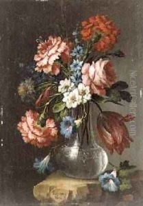 Roses Tulips Convolvuli and other flowers in a glass vase by Giacomo Nani