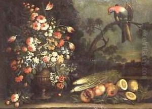 Still life mixed flowers vegetables and parrot by Giacomo Nani