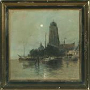 Harbour In Moonlight by Viggo Johansen