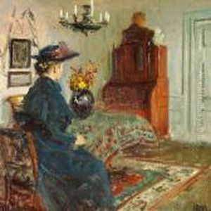 Interior With The Artist's Wife Martha In A Coat And Hat Seated by Viggo Johansen