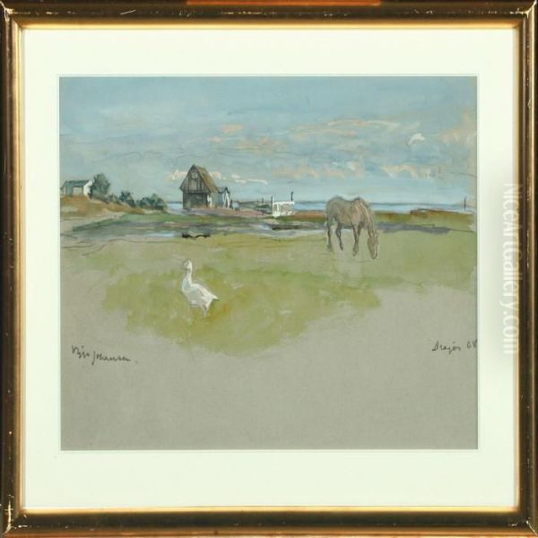 Landscape With Animalsin The Field And Houses In The Background - view 1