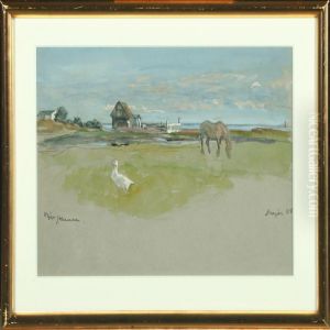 Landscape With Animalsin The Field And Houses In The Background Landscape With Animalsin The Field And Houses In The Background