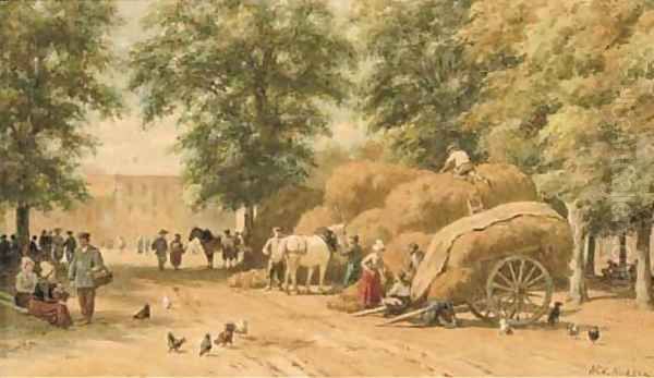 Haycarts in a town - view 1