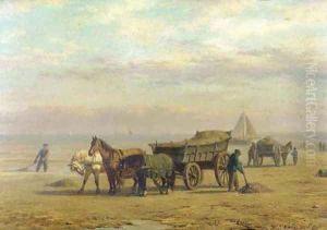 Shellfishers on the beach by Willem Carel Nakken