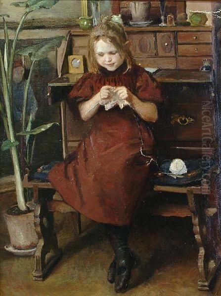 A Young Girl Knitting - view 1