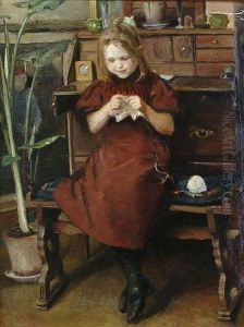 A Young Girl Knitting