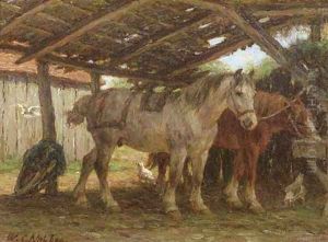 Two horses in a stable by Willem Carel Nakken