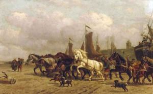 Horsepower dragging a 'Bomschuit' to sea, Scheveningen by Willem Carel Nakken