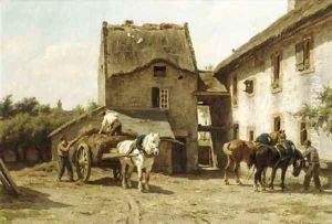 In Ryes horses in a sunny farmyard by Willem Carel Nakken