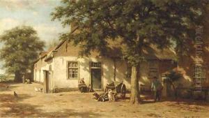 Peasants in a sunlit farmyard by Willem Carel Nakken