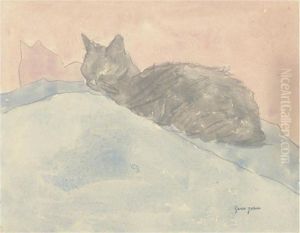 Black Cat On Blue And Pink by Gwendolen John