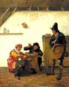 Peasants smoking and making music in an inn by Johannes Natus